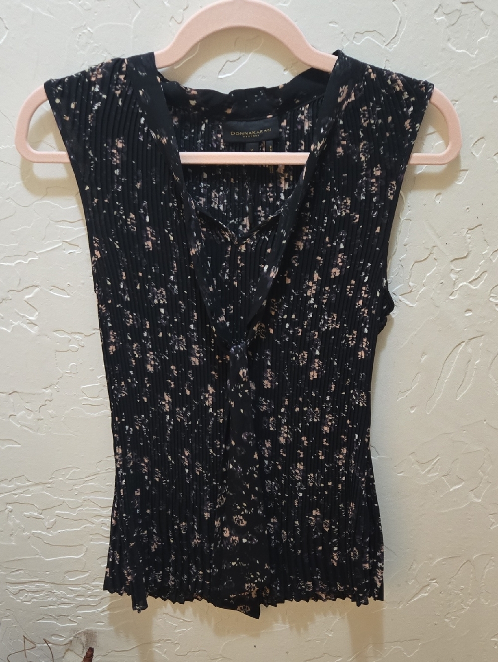 Donna Karan Pleated Black Camisole with Light Pink Floral Print